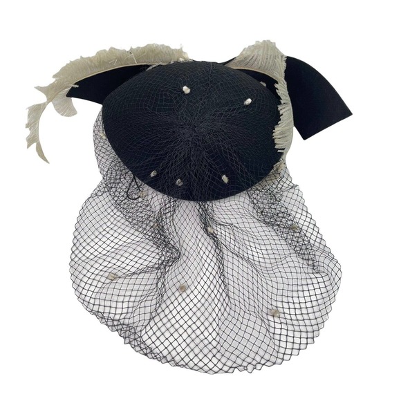 Vintage Adolfo II New York Paris Black Felt Hat with Veil and Feathers and Bow main image 4